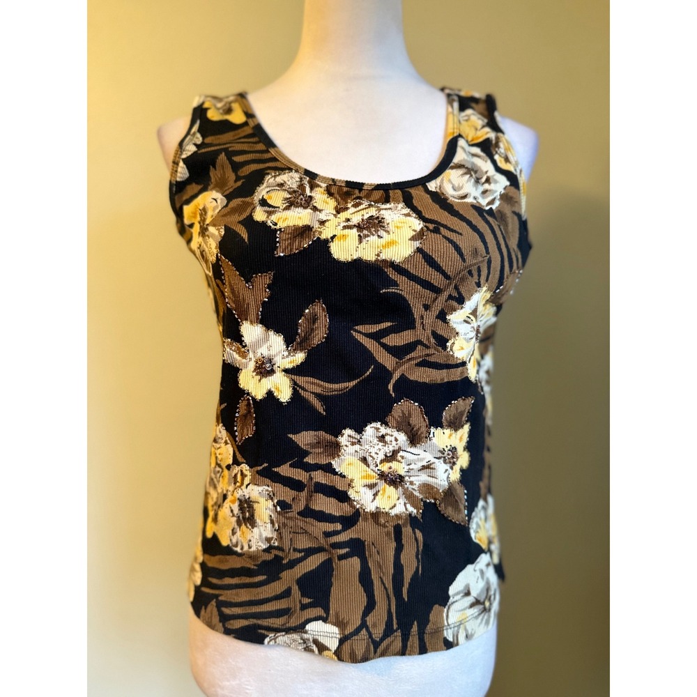 Y2K brown Floral Tank Top Ladies M sequins Sleeveless Casual boho whimsigoth 10